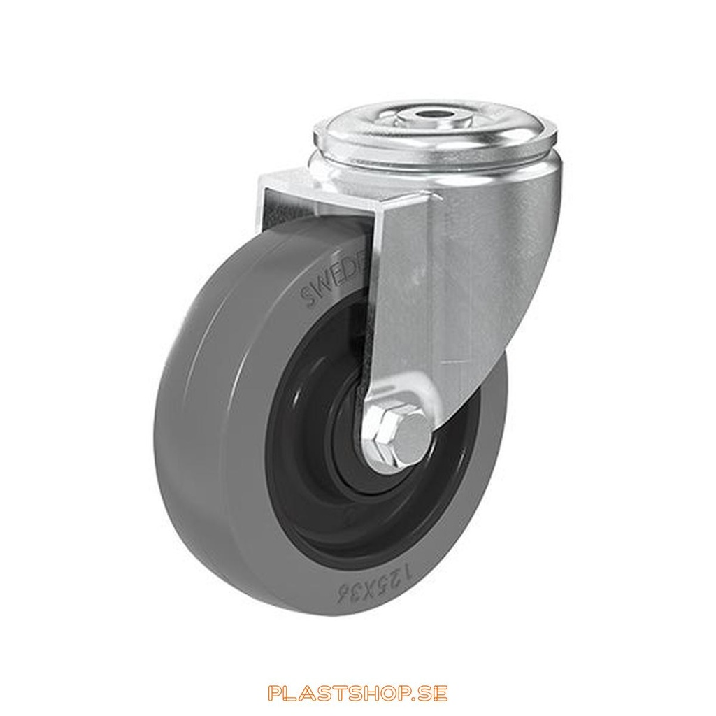 Link wheel, without brake, center hole, wheel diameter 125 mm, building height 151 mm, hub in Nylon PA6 with soft track in Elastiskt Gummi, grå. 225 kg load capacity, ball bearings