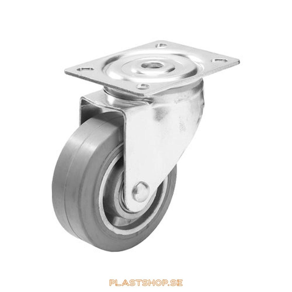 Länkhjul, utan broms, platta, hjuldiameter 125 mm, bygghöjd 157 mm, nav i Aluminium med mjuk bana i Elastiskt Gummi, grå färg. 225 kg bärighet, dubbla kullager