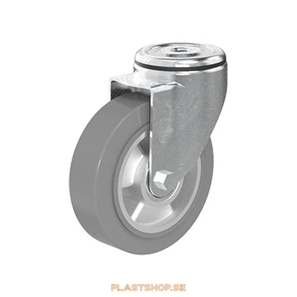 Link wheel, without brake, center hole, wheel diameter 125 mm, building height 155 mm, hub in Aluminium with soft track in Elastiskt Gummi, grå. 225 kg load capacity, dubbla ball bearings