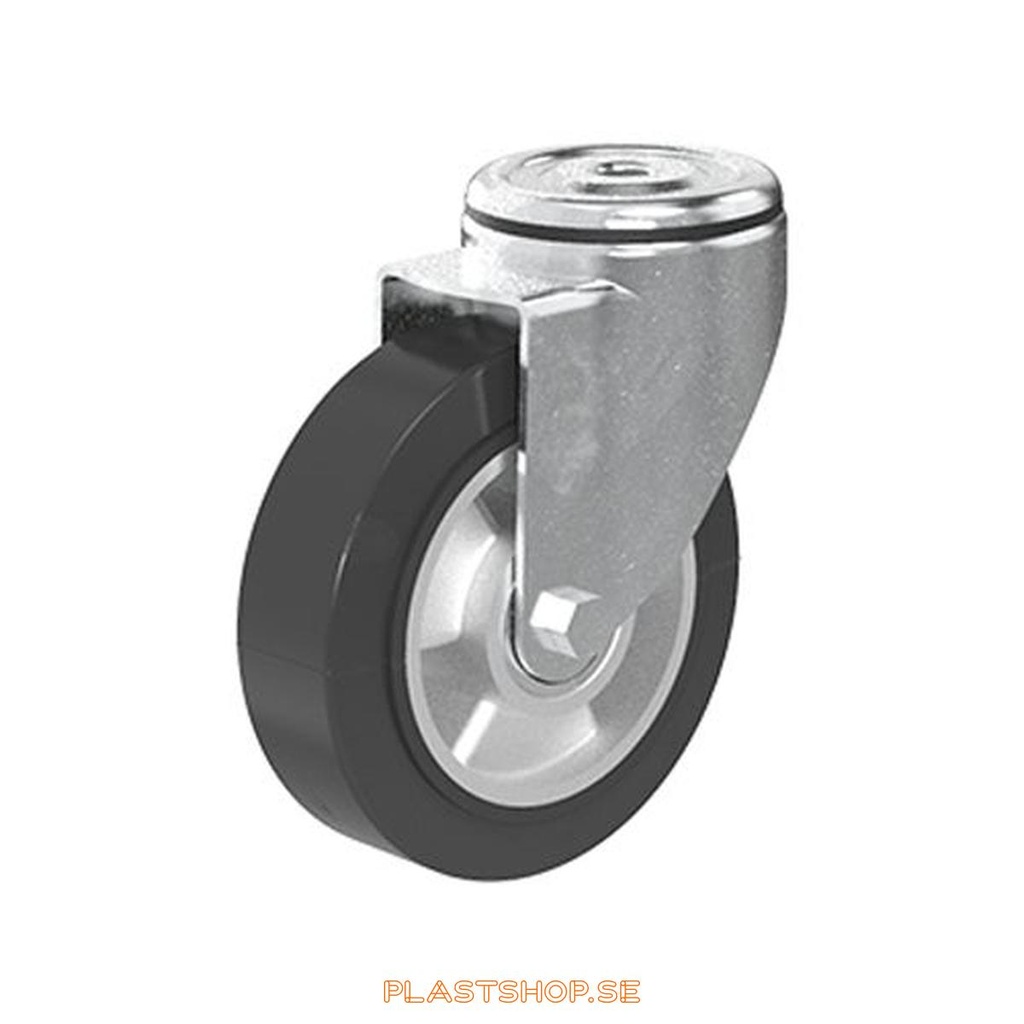 Link wheel, without brake, center hole, wheel diameter 125 mm, building height 155 mm, hub in Aluminium with soft track in Elastiskt Gummi, svart. 225 kg load capacity, dubbla ball bearings