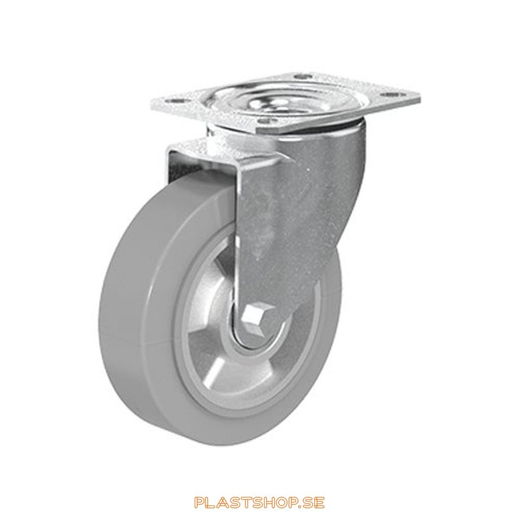 Link wheel, without brake, plate, wheel diameter 125 mm, building height 155 mm, hub in Aluminium with soft track in Elastiskt Gummi, grå. 225 kg load capacity, dubbla ball bearings