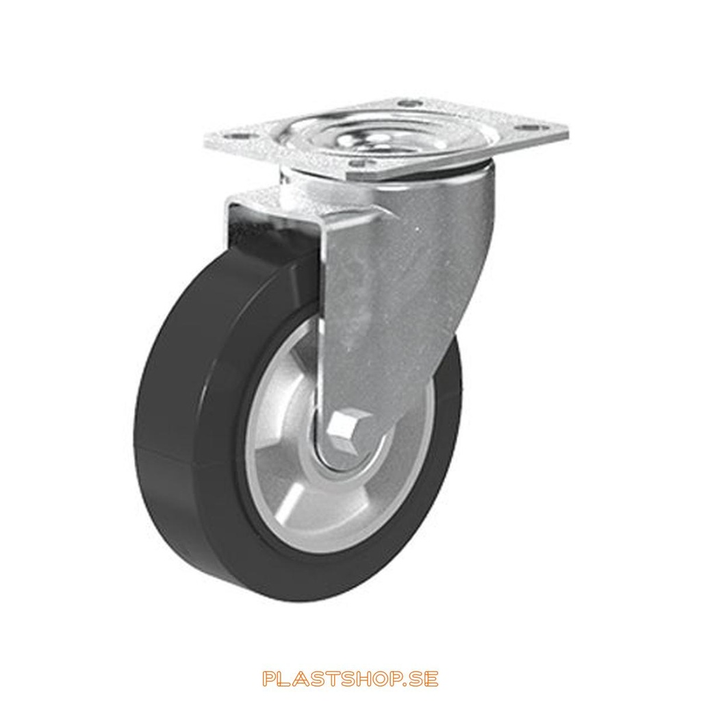 Link wheel, without brake, plate, wheel diameter 125 mm, building height 155 mm, hub in Aluminium with soft track in Elastiskt Gummi, svart. 225 kg load capacity, dubbla ball bearings