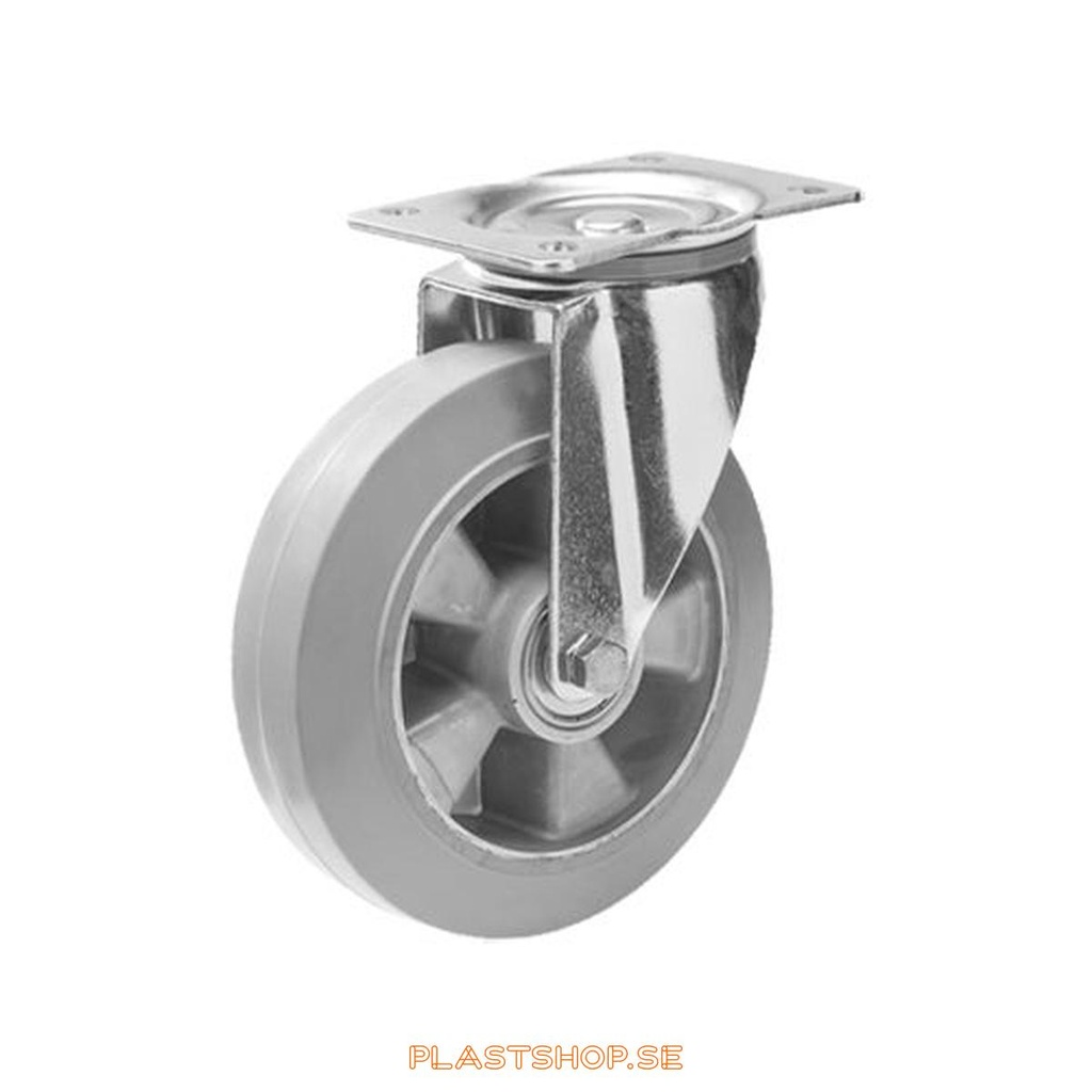 Link wheel, without brake, plate, wheel diameter 125 mm, building height 163 mm, hub in Aluminium with soft track in Elastiskt Gummi, grå. 270 kg load capacity, dubbla ball bearings