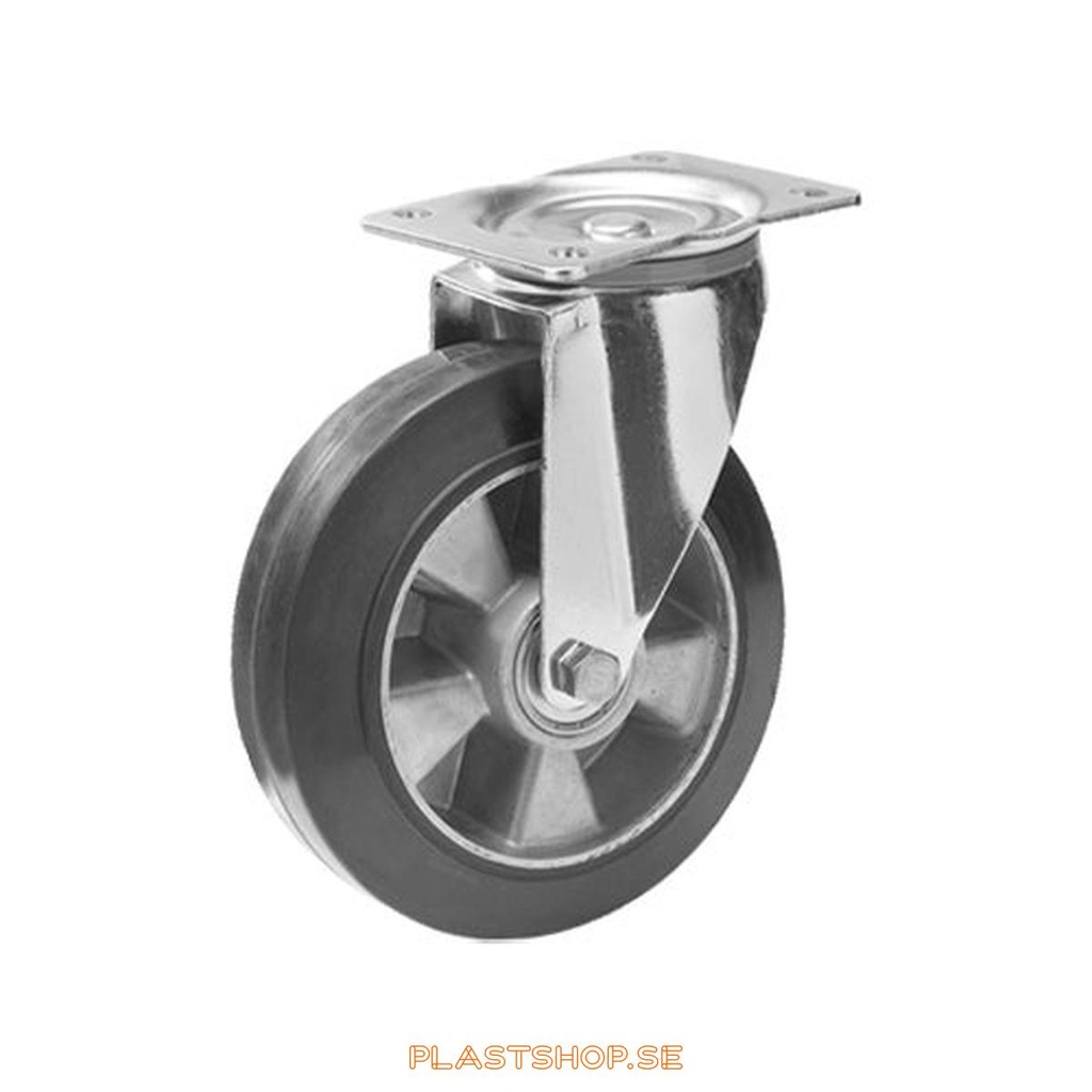 Link wheel, without brake, plate, wheel diameter 125 mm, building height 163 mm, hub in Aluminium with soft track in Elastiskt Gummi, svart. 270 kg load capacity, dubbla ball bearings