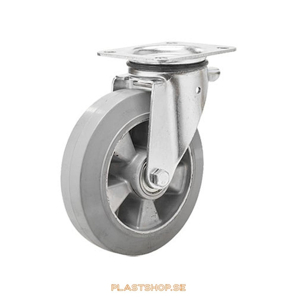 Länkhjul, utan broms, platta, hjuldiameter 125 mm, bygghöjd 165,5 mm, nav i Aluminium med mjuk bana i Elastiskt Gummi, grå färg. 270 kg bärighet, dubbla kullager