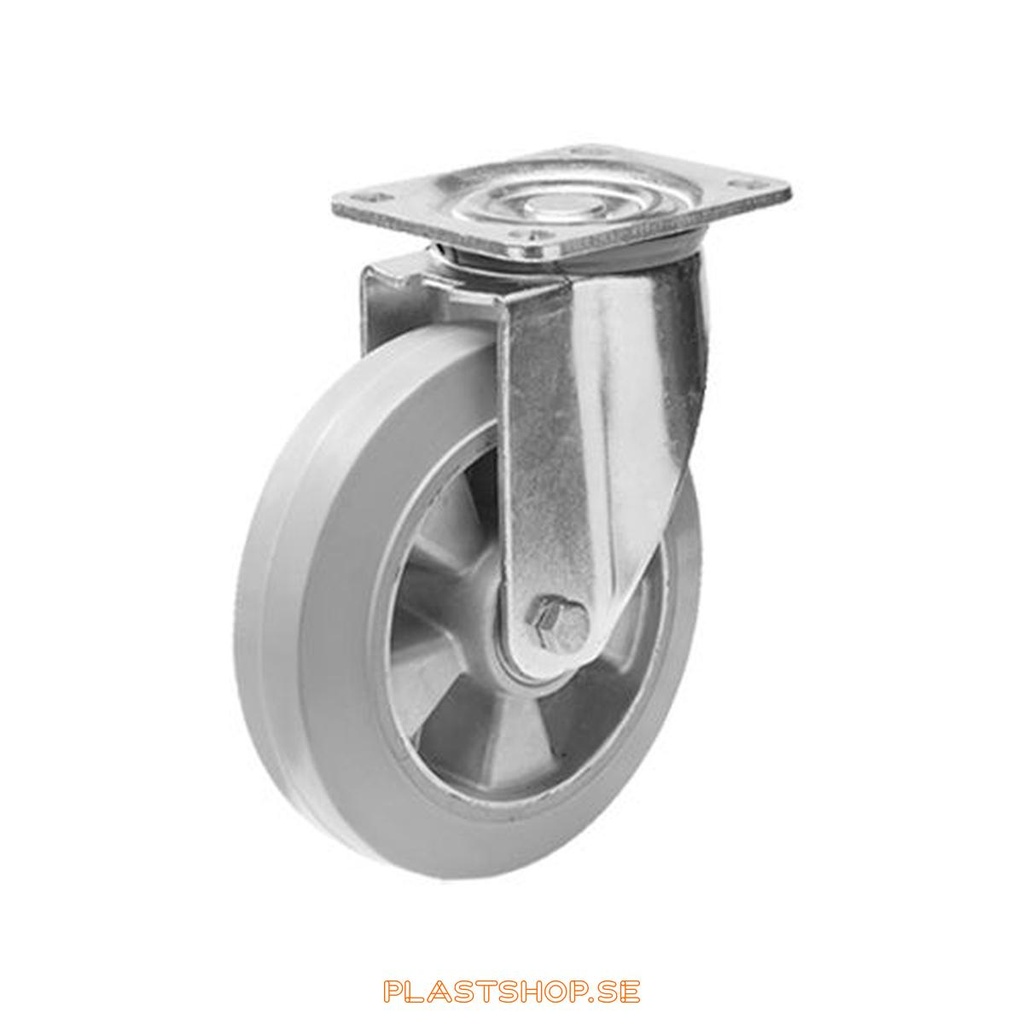 Länkhjul, utan broms, platta, hjuldiameter 125 mm, bygghöjd 164 mm, nav i Aluminium med mjuk bana i Elastiskt Gummi, grå färg. 270 kg bärighet, dubbla kullager