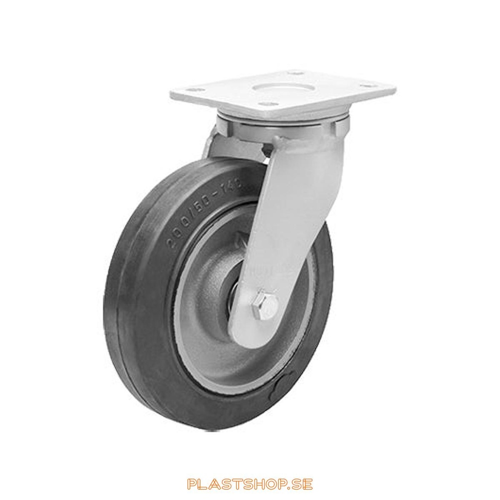 Link wheel, without brake, plate, wheel diameter 125 mm, building height 170 mm, hub in Gjutjärn with soft track in Elastiskt Gummi, svart. 275 kg load capacity, dubbla ball bearings