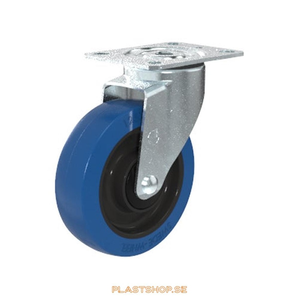 Länkhjul, utan broms, platta, hjuldiameter 125 mm, bygghöjd 155 mm, nav i Nylon PA6 med mjuk bana i Elastiskt Gummi, blå färg. 140 kg bärighet, kullager