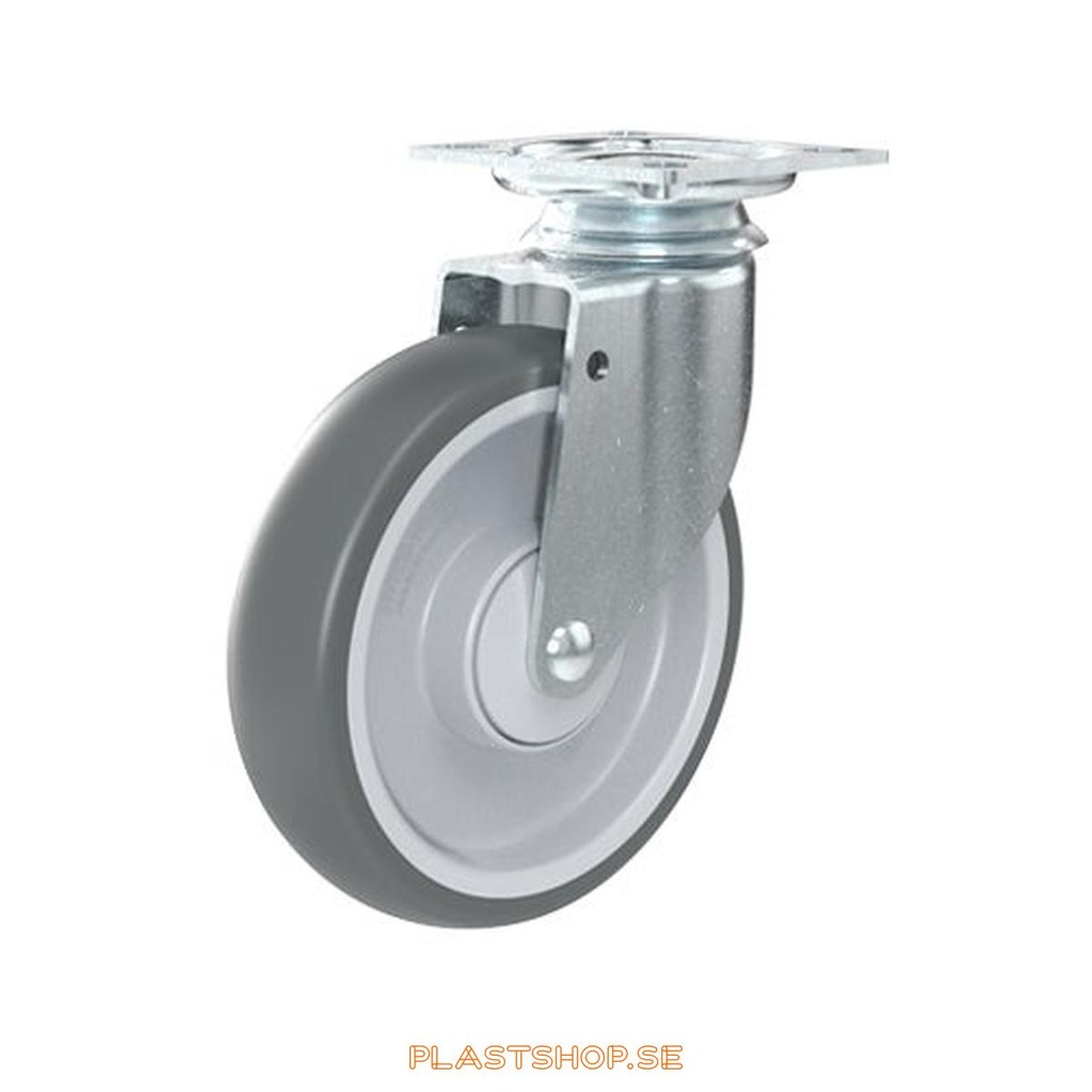 Länkhjul, utan broms, platta, hjuldiameter 125 mm, bygghöjd 158 mm, nav i Polypropen (PP) med mjuk bana i TPE, grå färg. 70 kg bärighet, kullager