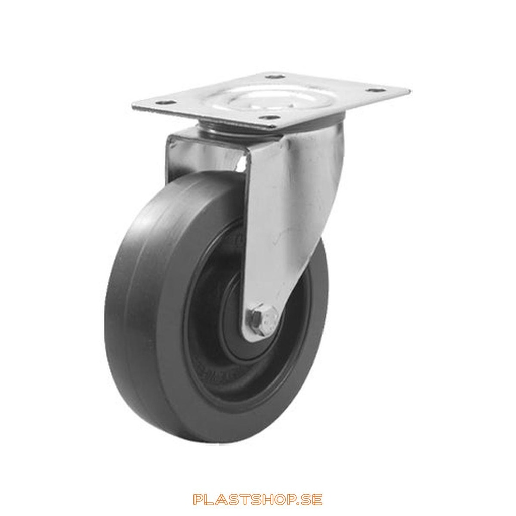 Länkhjul, utan broms, platta, hjuldiameter 125 mm, bygghöjd 155 mm, nav i Nylon PA6 med mjuk bana i Elastiskt Gummi, grå färg. 250 kg bärighet, kullager