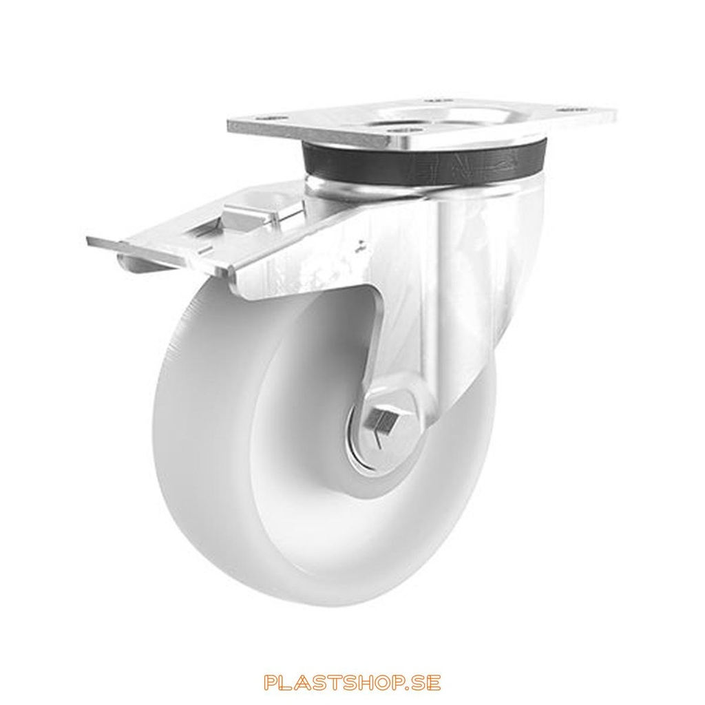 Link wheel, with total brake, plate, wheel diameter 125 mm, building height 156 mm, hard wheel in solid Nylon PA6, natur. 350 kg load capacity, dubbla ball bearings