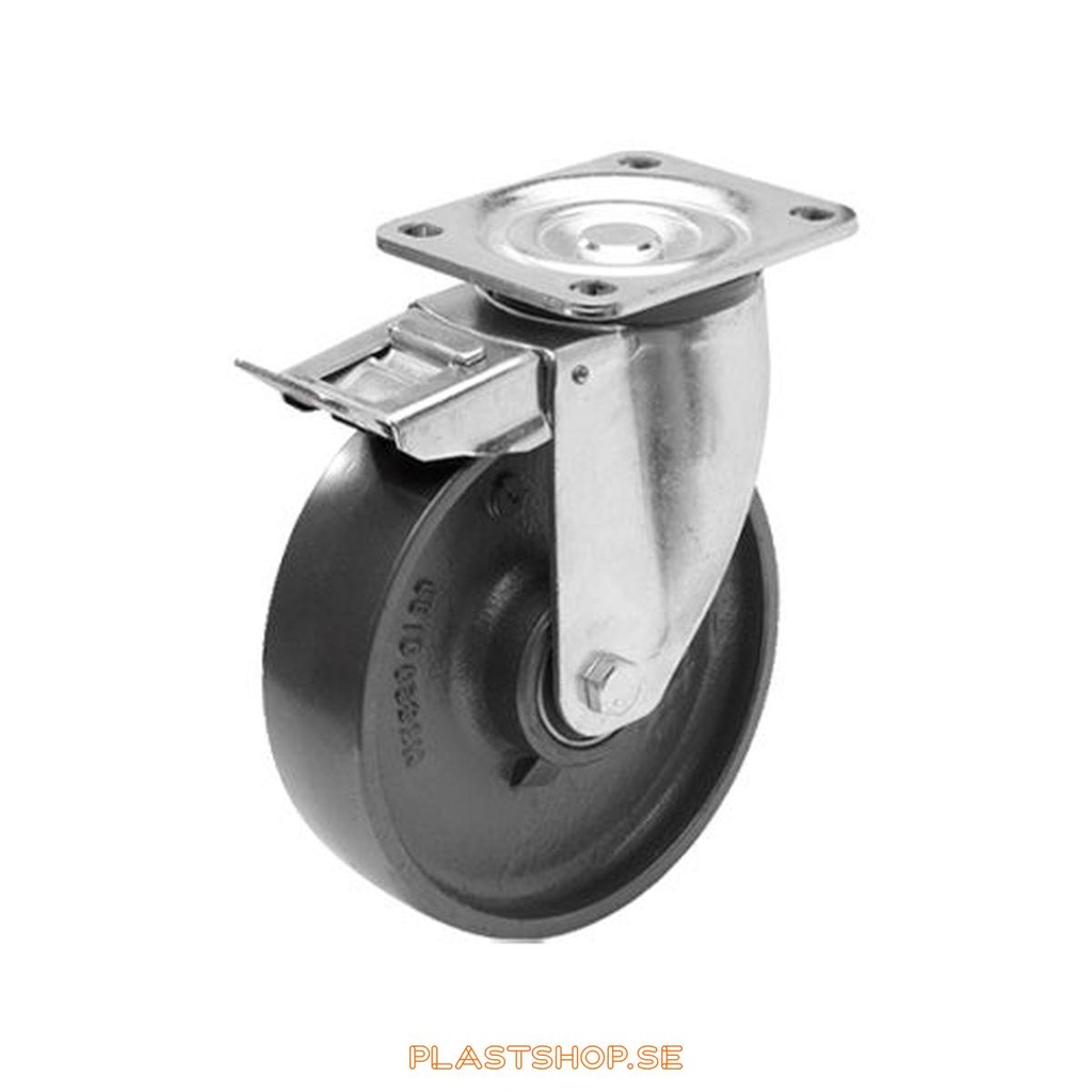 Link wheel, with total brake, plate, wheel diameter 125 mm, building height 164 mm, hard wheel in solid Gjutjärn. 600 kg load capacity, dubbla ball bearings