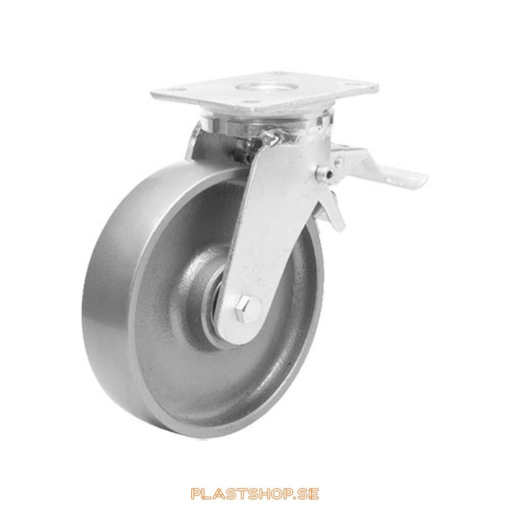 Link wheel, with total brake, plate, wheel diameter 125 mm, building height 170 mm, hard wheel in solid Gjutjärn, grå. 550 kg load capacity, dubbla ball bearings