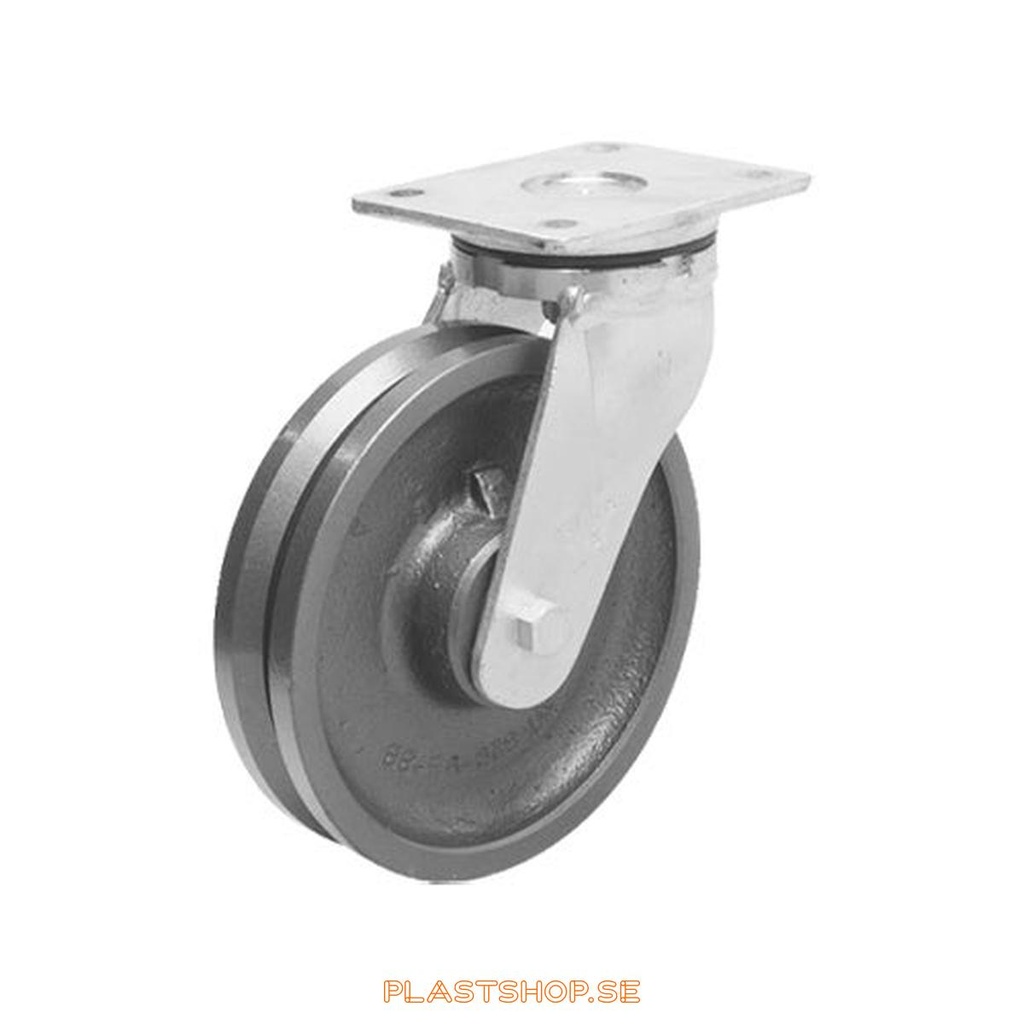 Link wheel, without brake, plate, wheel diameter 125 mm, building height 170 mm, hard wheel in solid Gjutjärn. 675 kg load capacity, dubbla ball bearings