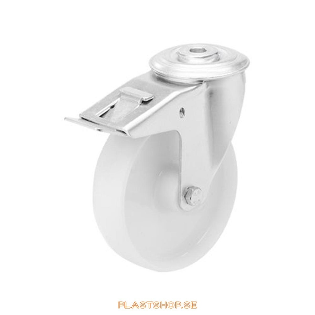 Link wheel, with total brake, center hole, wheel diameter 125 mm, building height 155 mm, hard wheel in solid Polypropen (PP), vit. 160 kg load capacity, slide bearings