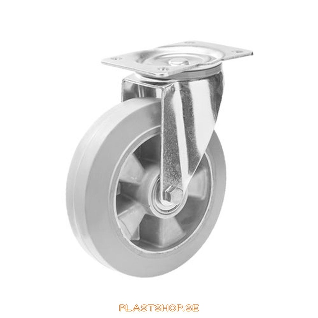 Länkhjul, utan broms, platta, hjuldiameter 150 mm, bygghöjd 195 mm, nav i Aluminium med mjuk bana i Elastiskt Gummi, grå färg. 300 kg bärighet, dubbla kullager