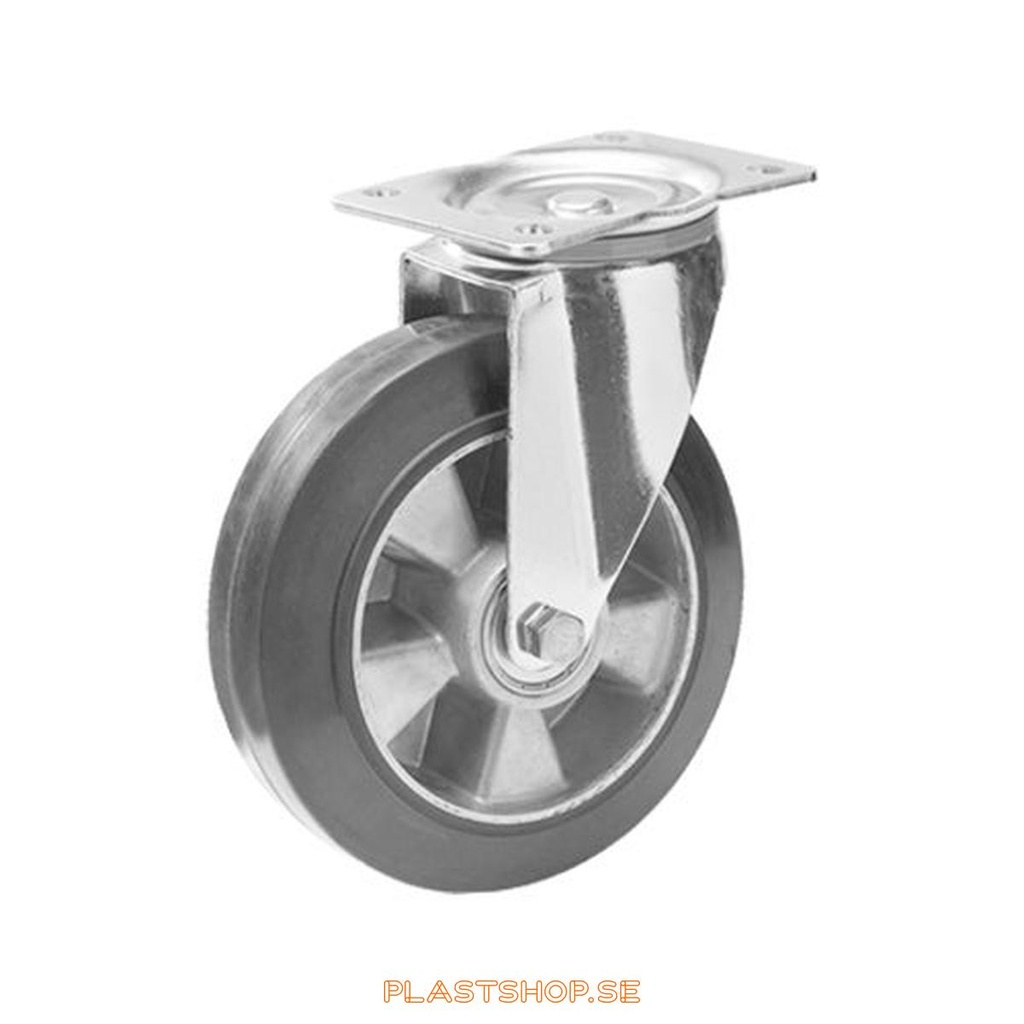 Link wheel, without brake, plate, wheel diameter 150 mm, building height 195 mm, hub in Aluminium with soft track in Elastiskt Gummi, svart. 300 kg load capacity, dubbla ball bearings