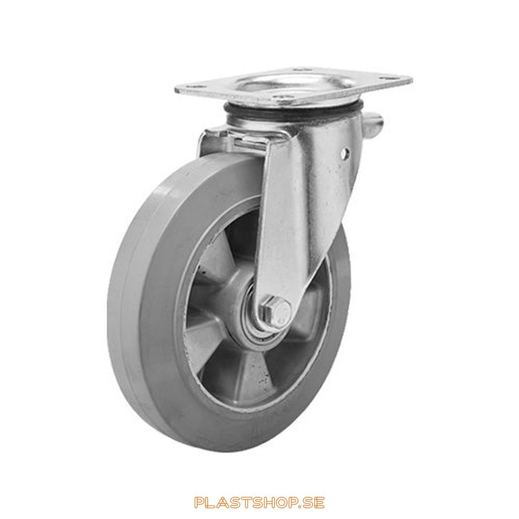 Länkhjul, utan broms, platta, hjuldiameter 150 mm, bygghöjd 191 mm, nav i Aluminium med mjuk bana i Elastiskt Gummi, grå färg. 300 kg bärighet, dubbla kullager