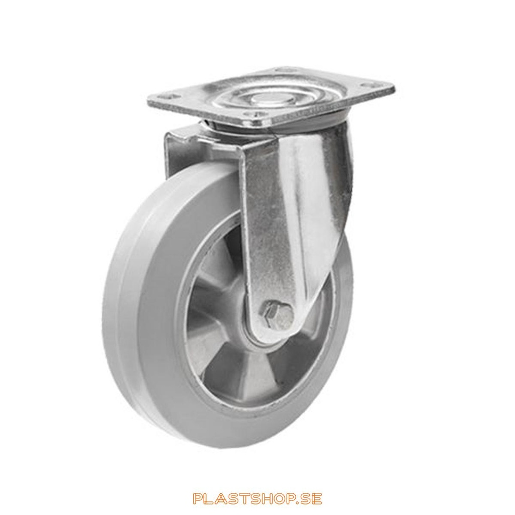 Link wheel, without brake, plate, wheel diameter 150 mm, building height 194 mm, hub in Aluminium with soft track in Elastiskt Gummi, grå. 300 kg load capacity, dubbla ball bearings