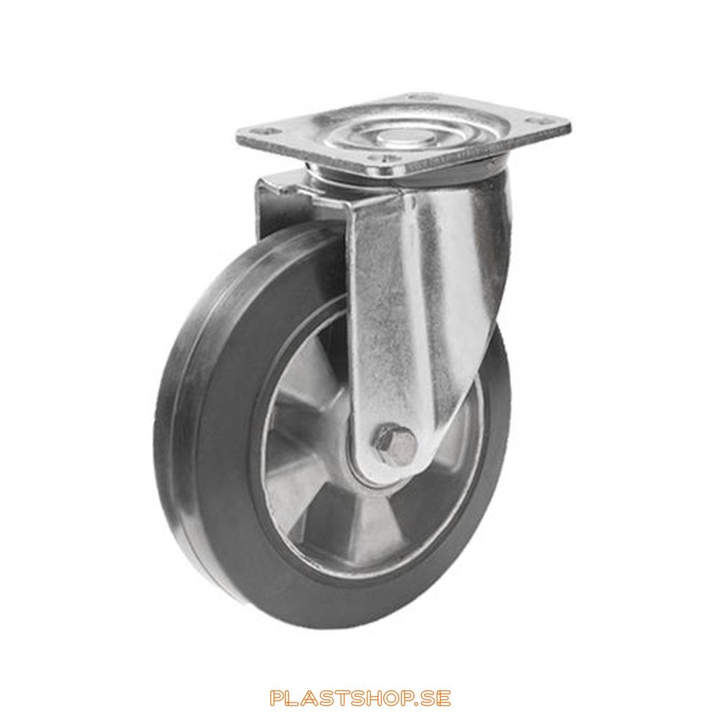 Link wheel, without brake, plate, wheel diameter 150 mm, building height 194 mm, hub in Aluminium with soft track in Elastiskt Gummi, svart. 300 kg load capacity, dubbla ball bearings