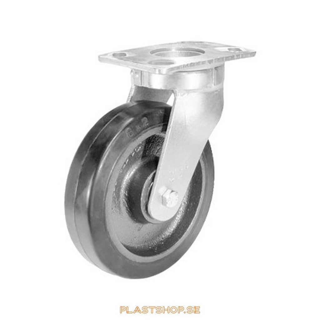 Link wheel, without brake, plate, wheel diameter 150 mm, building height 200 mm, hub in Gjutjärn with soft track in Elastiskt Gummi, svart. 350 kg load capacity, dubbla ball bearings