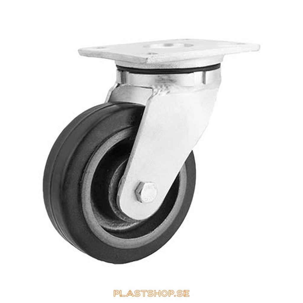 Länkhjul, utan broms, platta, hjuldiameter 150 mm, bygghöjd 200 mm, nav i Gjutjärn med mjuk bana i Elastiskt Gummi, svart färg. 350 kg bärighet, dubbla kullager