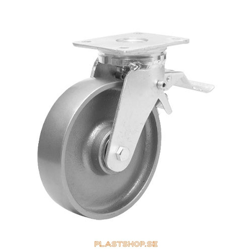 Länkhjul, med totalbroms, platta, hjuldiameter 150 mm, bygghöjd 200 mm, hårt hjul i massiv Gjutjärn, grå färg. 800 kg bärighet, dubbla kullager