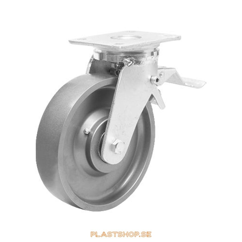 Länkhjul, med totalbroms, platta, hjuldiameter 150 mm, bygghöjd 200 mm, hårt hjul i massiv Stål. 1400 kg bärighet, dubbla kullager