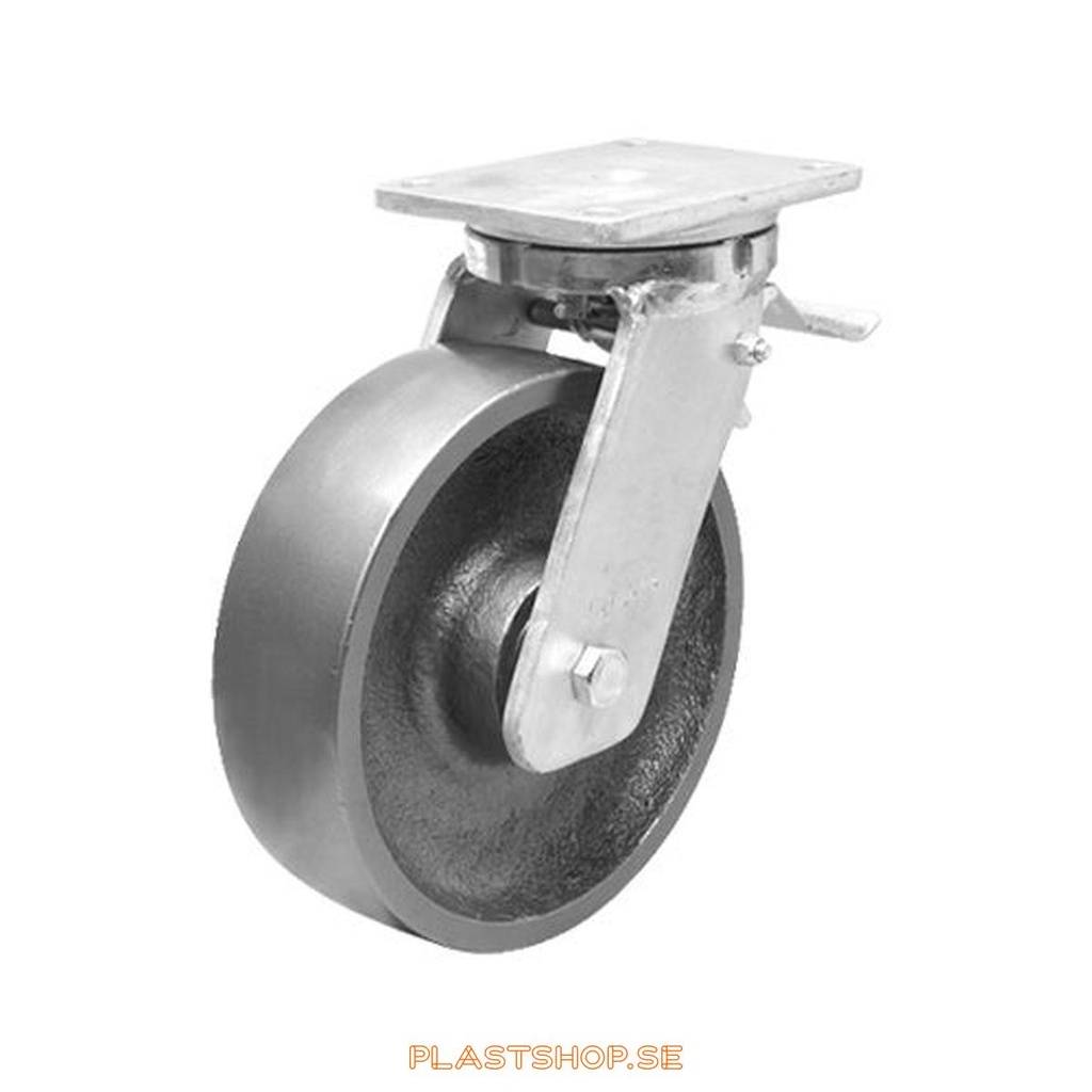 Link wheel, with total brake, plate, wheel diameter 150 mm, building height 212 mm, hard wheel in solid Stål. 2000 kg load capacity, dubbla ball bearings