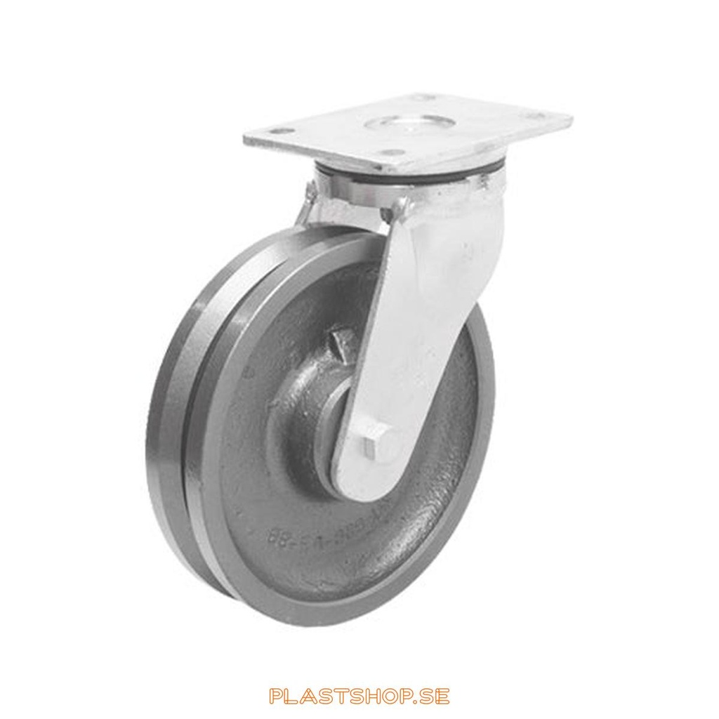 Link wheel, without brake, plate, wheel diameter 150 mm, building height 200 mm, hard wheel in solid Gjutjärn. 700 kg load capacity, dubbla ball bearings