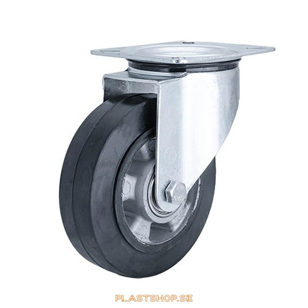 Link wheel, without brake, plate, wheel diameter 160 mm, building height 195 mm, hub in Aluminium with soft track in Elastiskt Gummi, svart. 350 kg load capacity, dubbla ball bearings