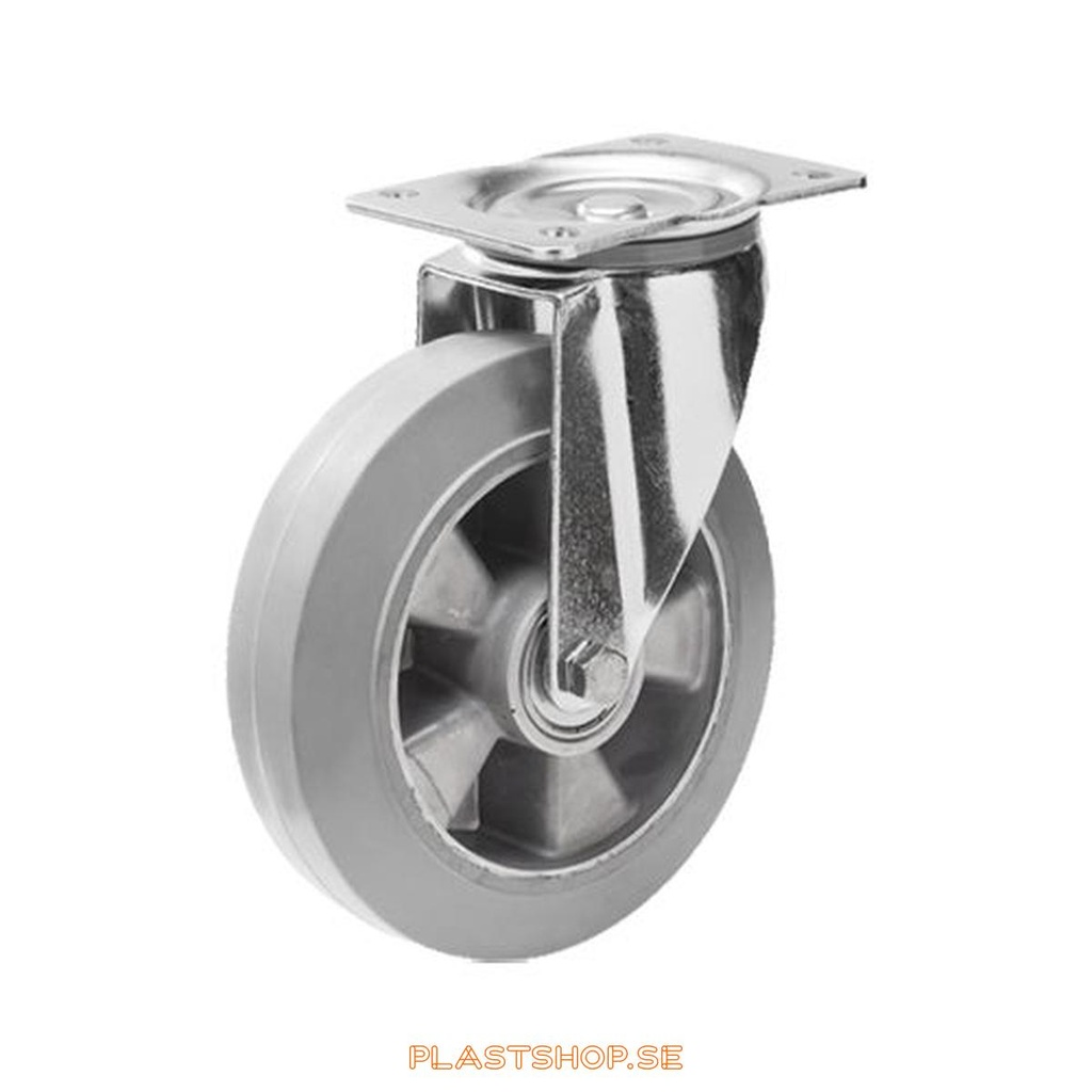 Link wheel, without brake, plate, wheel diameter 160 mm, building height 200 mm, hub in Aluminium with soft track in Elastiskt Gummi, grå. 350 kg load capacity, dubbla ball bearings