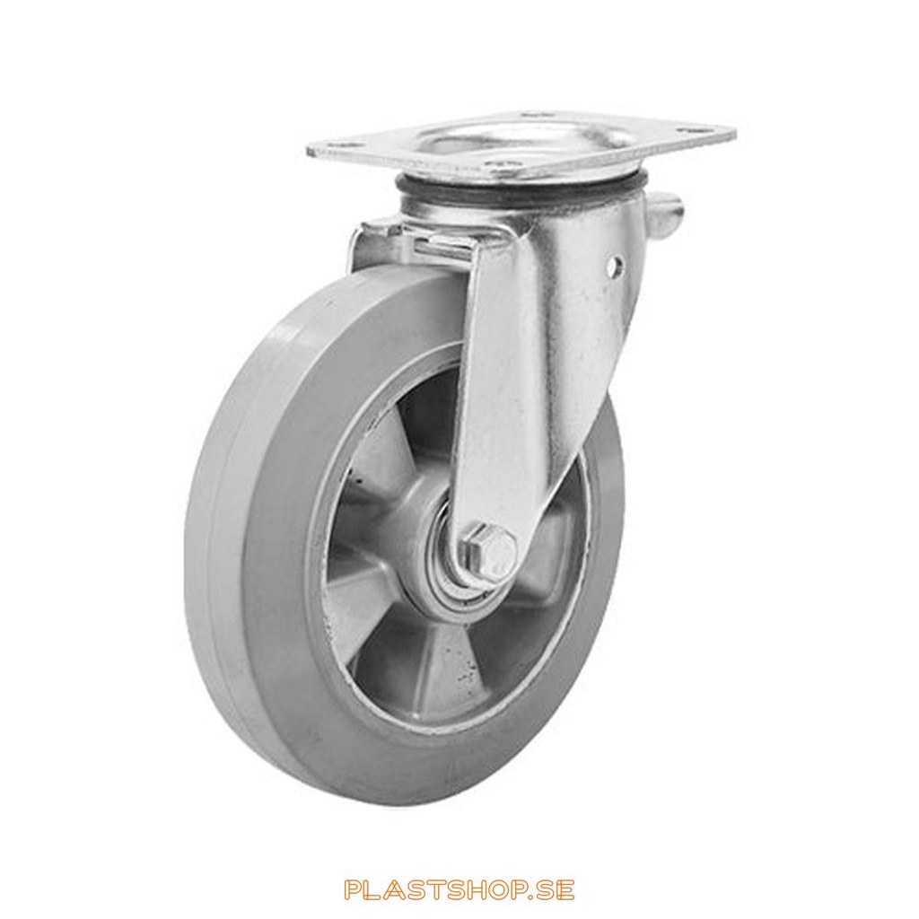 Link wheel, without brake, plate, wheel diameter 160 mm, building height 196 mm, hub in Aluminium with soft track in Elastiskt Gummi, grå. 350 kg load capacity, dubbla ball bearings