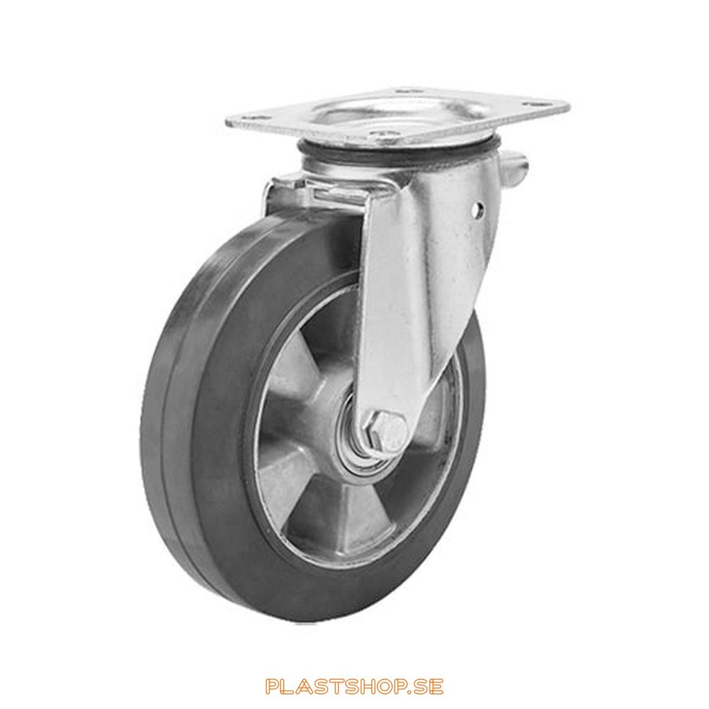 Link wheel, without brake, plate, wheel diameter 160 mm, building height 196 mm, hub in Aluminium with soft track in Elastiskt Gummi, svart. 350 kg load capacity, dubbla ball bearings