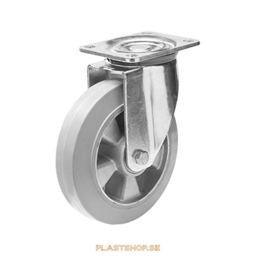 Link wheel, without brake, plate, wheel diameter 160 mm, building height 199 mm, hub in Aluminium with soft track in Elastiskt Gummi, grå. 350 kg load capacity, dubbla ball bearings