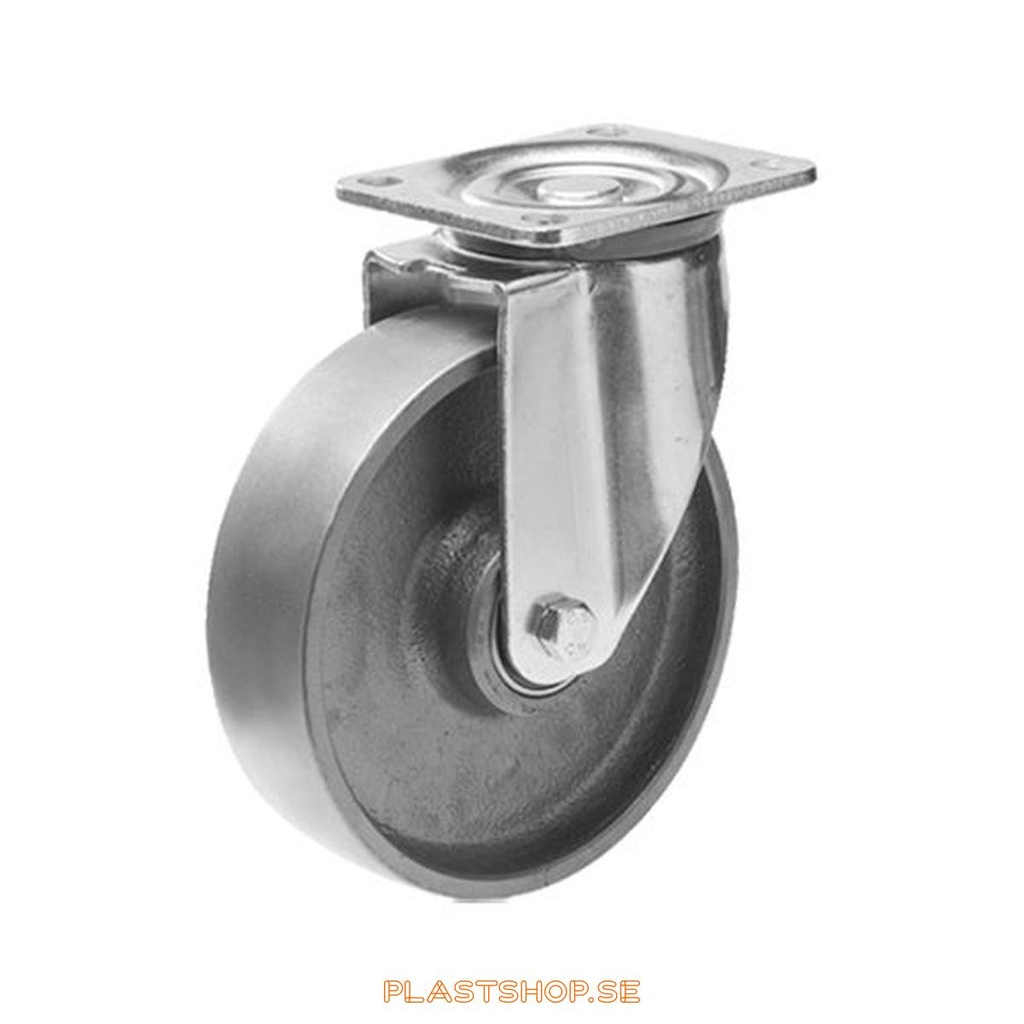 Link wheel, without brake, plate, wheel diameter 160 mm, building height 199 mm, hard wheel in solid Gjutjärn. 800 kg load capacity, dubbla ball bearings