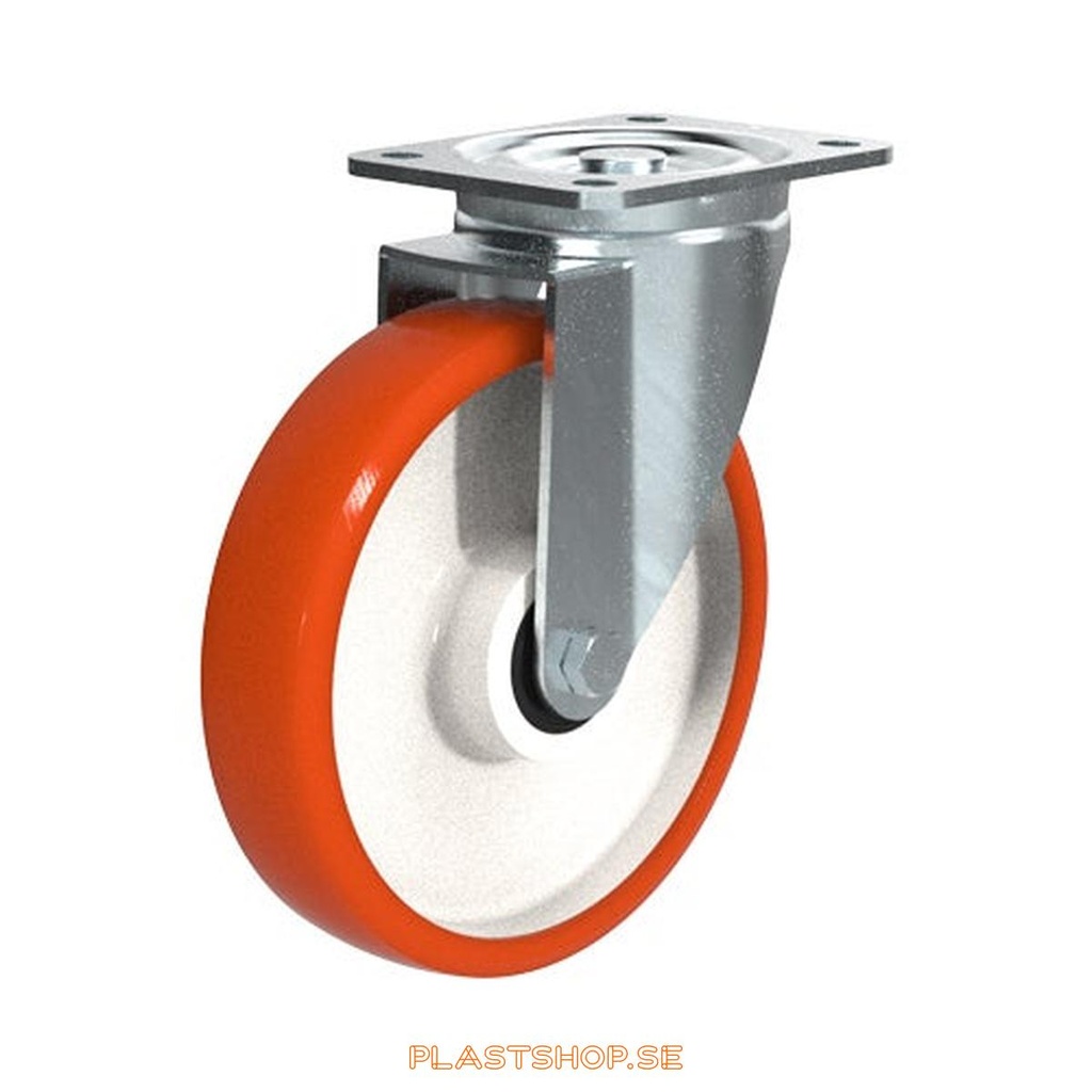 Link wheel, without brake, plate, wheel diameter 200 mm, building height 238 mm, hub in Nylon PA6 with soft track in Polyuretan, röd. 500 kg load capacity, dubbla ball bearings