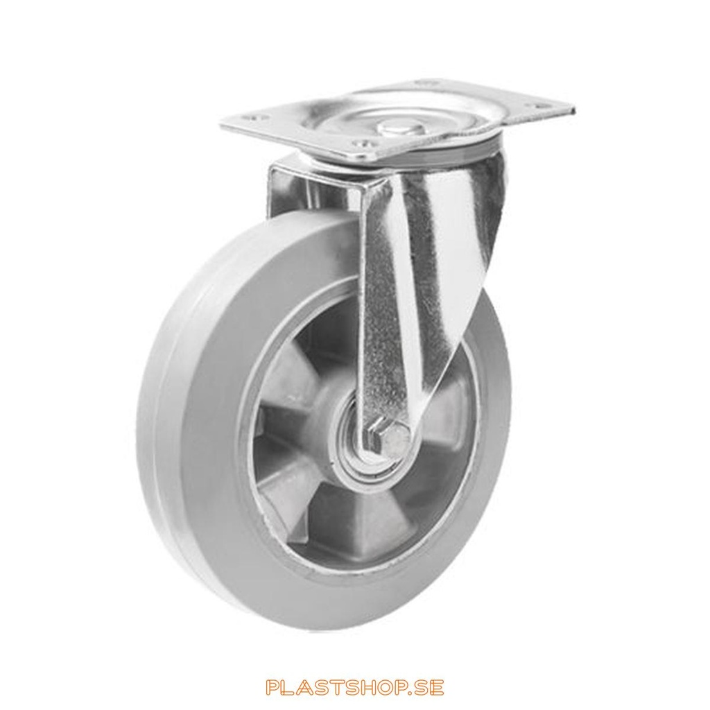 Link wheel, without brake, plate, wheel diameter 200 mm, building height 240 mm, hub in Aluminium with soft track in Elastiskt Gummi, grå. 400 kg load capacity, dubbla ball bearings