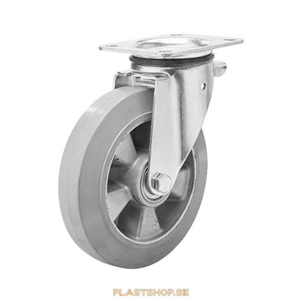 Länkhjul, utan broms, platta, hjuldiameter 200 mm, bygghöjd 239 mm, nav i Aluminium med mjuk bana i Elastiskt Gummi, grå färg. 400 kg bärighet, dubbla kullager