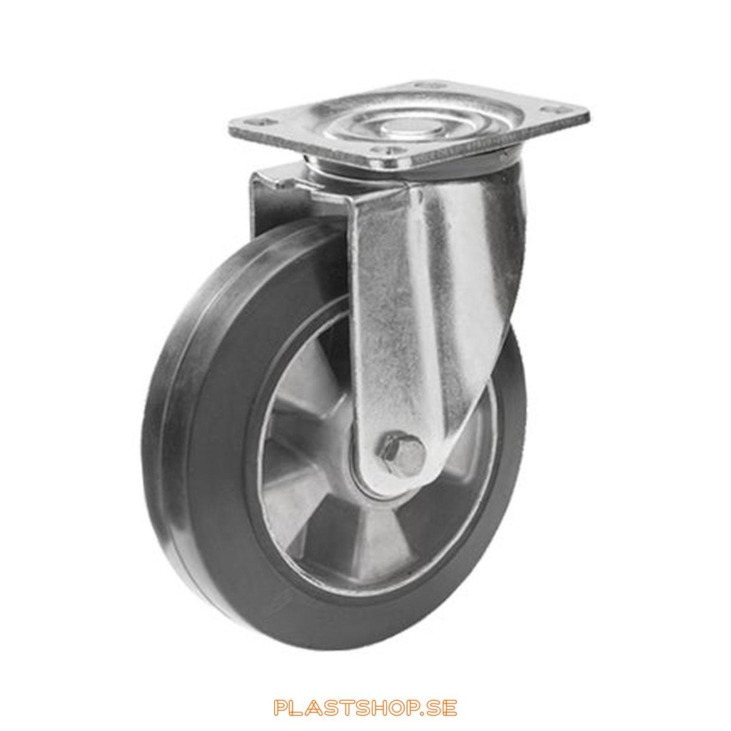 Link wheel, without brake, plate, wheel diameter 200 mm, building height 239 mm, hub in Aluminium with soft track in Elastiskt Gummi, svart. 450 kg load capacity, dubbla ball bearings