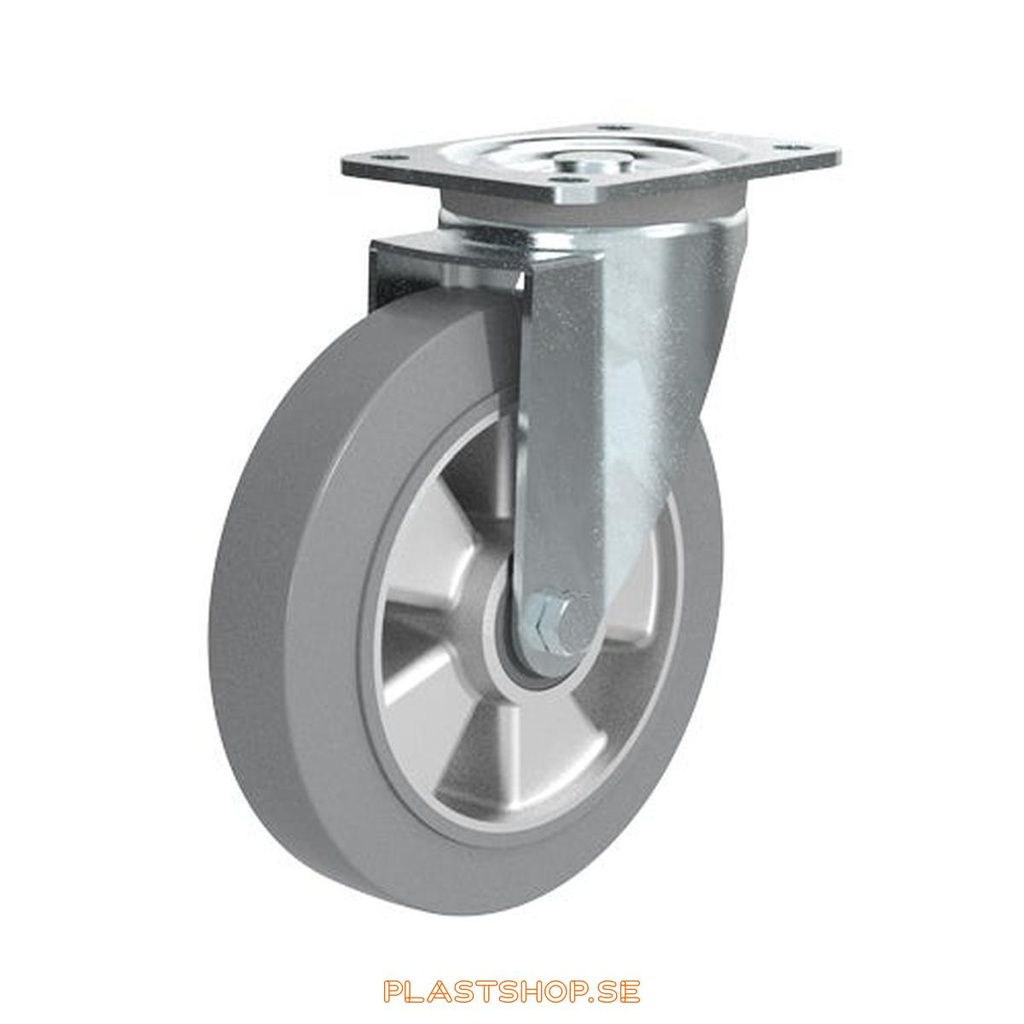 Länkhjul, utan broms, platta, hjuldiameter 200 mm, bygghöjd 238 mm, nav i Aluminium med mjuk bana i Elastiskt Gummi, grå färg. 450 kg bärighet, dubbla kullager