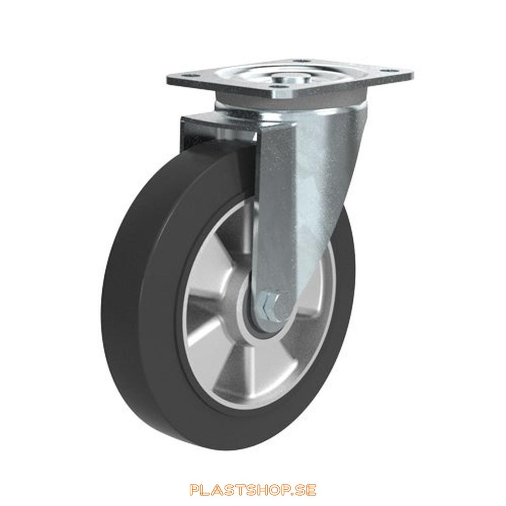 Link wheel, without brake, plate, wheel diameter 200 mm, building height 238 mm, hub in Aluminium with soft track in Elastiskt Gummi, svart. 450 kg load capacity, dubbla ball bearings