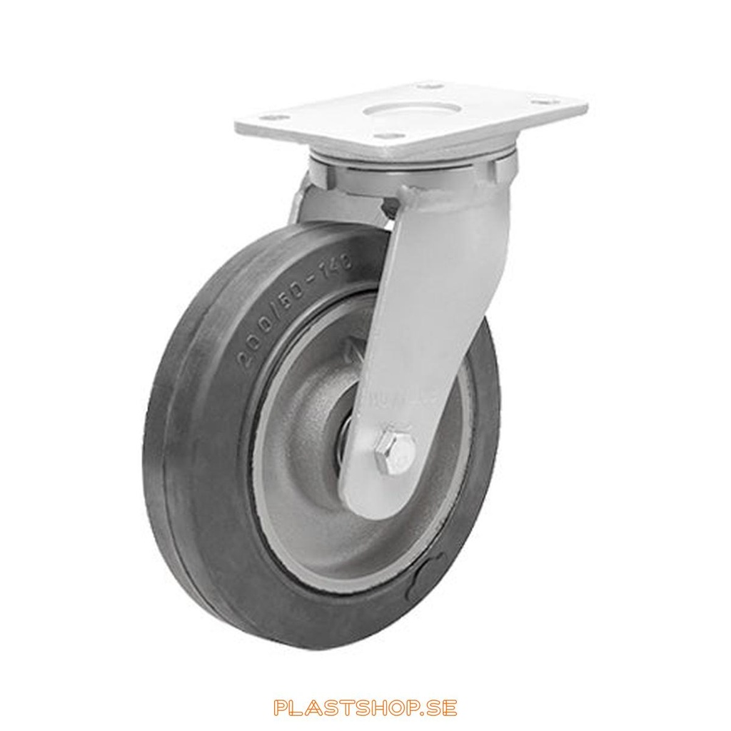 Link wheel, without brake, plate, wheel diameter 200 mm, building height 245 mm, hub in Gjutjärn with soft track in Elastiskt Gummi, svart. 450 kg load capacity, dubbla ball bearings
