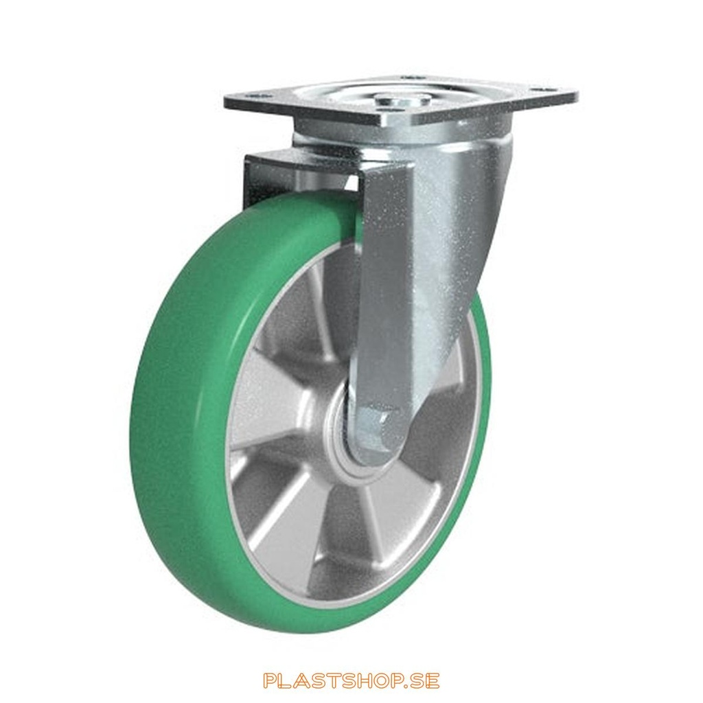 Länkhjul, utan broms, platta, hjuldiameter 200 mm, bygghöjd 238 mm, nav i Aluminium med mjuk bana i Elastiskt Polyuretan, grön färg. 700 kg bärighet, dubbla kullager