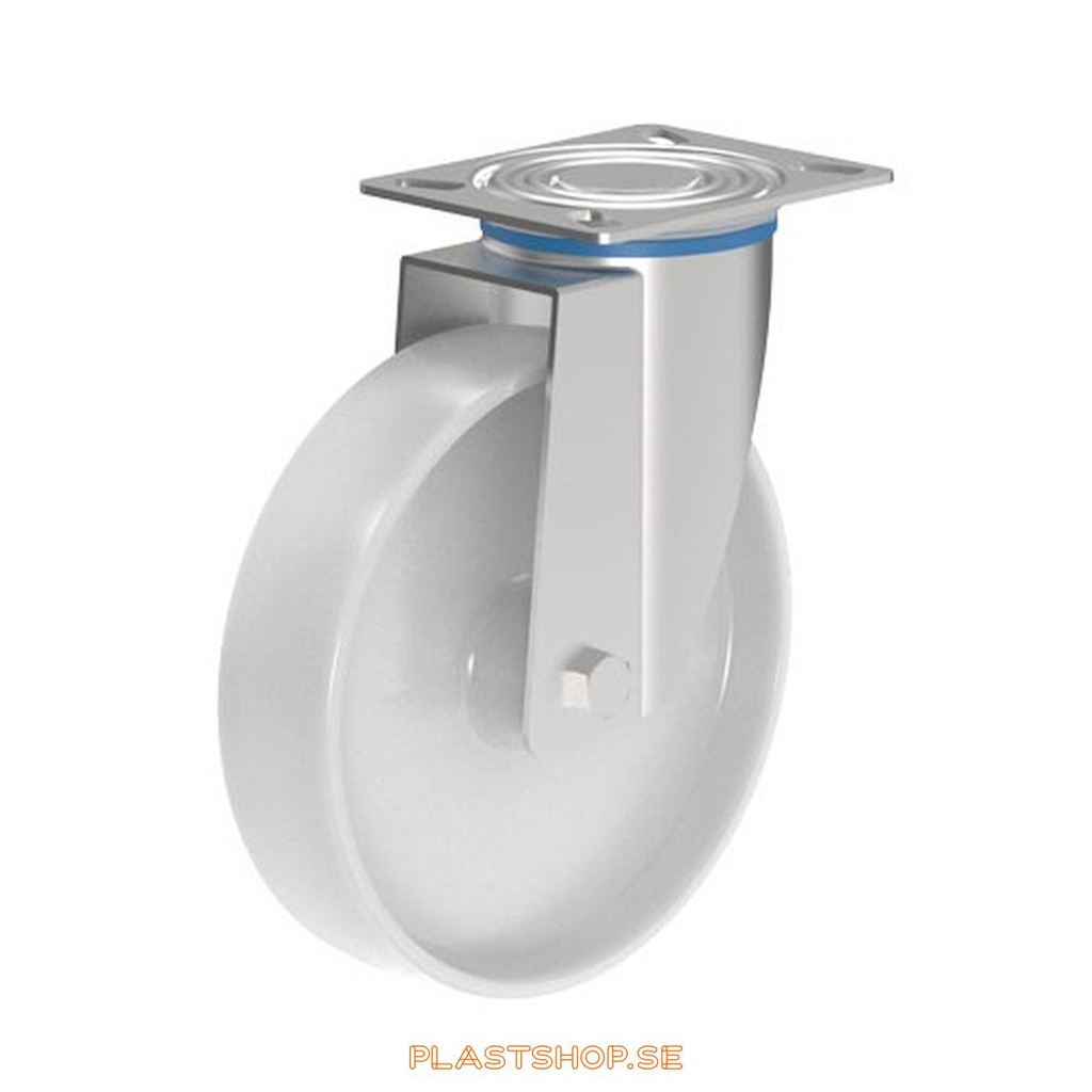 Link wheel, without brake, plate, wheel diameter 200 mm, building height 240 mm, hard wheel in solid Nylon PA6, vit. 300 kg load capacity, rostfria roller bearings