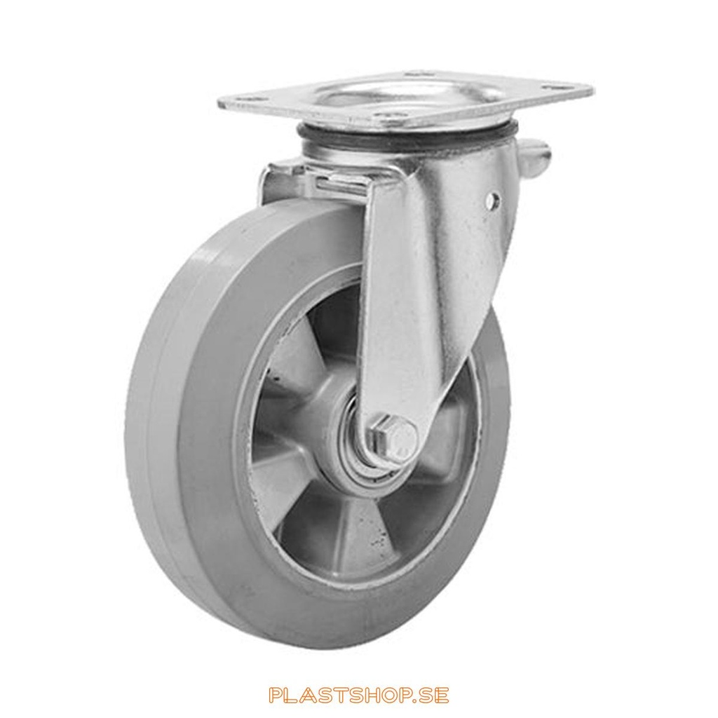 Länkhjul, utan broms, platta, hjuldiameter 250 mm, bygghöjd 290 mm, nav i Aluminium med mjuk bana i Elastiskt Gummi, grå färg. 400 kg bärighet, dubbla kullager