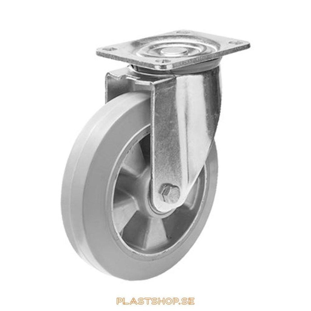 Länkhjul, utan broms, platta, hjuldiameter 250 mm, bygghöjd 292 mm, nav i Aluminium med mjuk bana i Elastiskt Gummi, grå färg. 550 kg bärighet, dubbla kullager