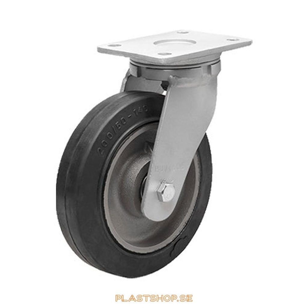 Link wheel, without brake, plate, wheel diameter 250 mm, building height 300 mm, hub in Gjutjärn with soft track in Elastiskt Gummi, svart. 500 kg load capacity, dubbla ball bearings