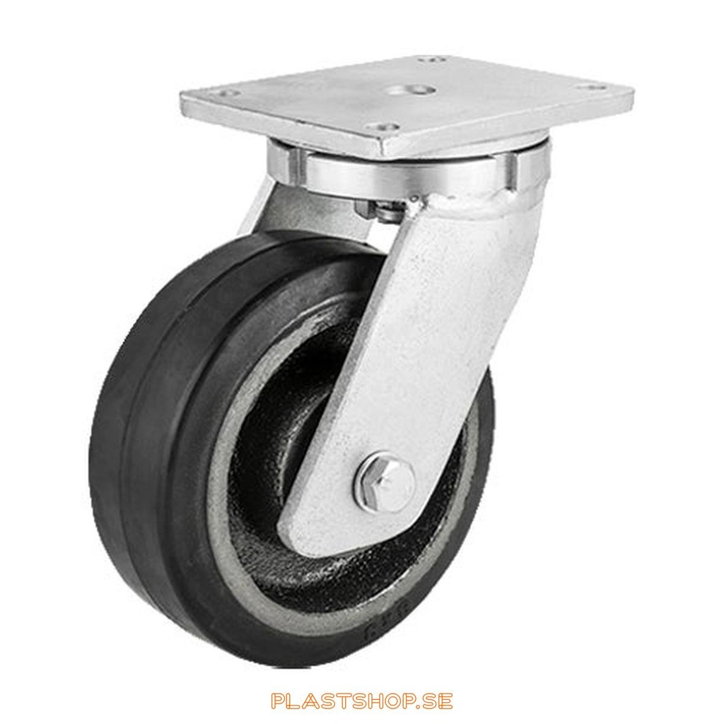 Link wheel, without brake, plate, wheel diameter 300 mm, building height 365 mm, hub in Gjutjärn with soft track in Elastiskt Gummi, svart. 850 kg load capacity, dubbla ball bearings
