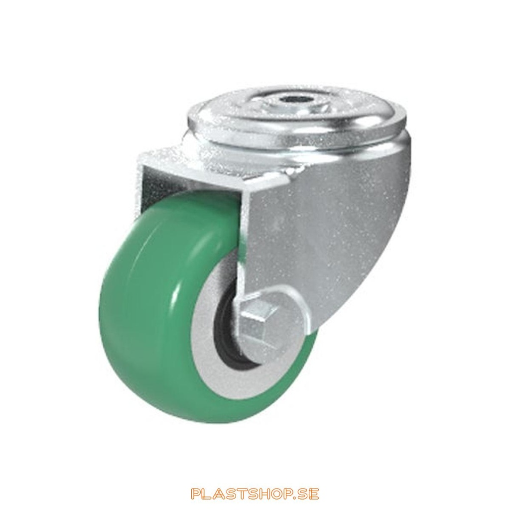 Länkhjul, utan broms, centrumhål, hjuldiameter 80 mm, bygghöjd 106 mm, nav i Aluminium med mjuk bana i Elastiskt Polyuretan, grön färg. 200 kg bärighet, dubbla kullager